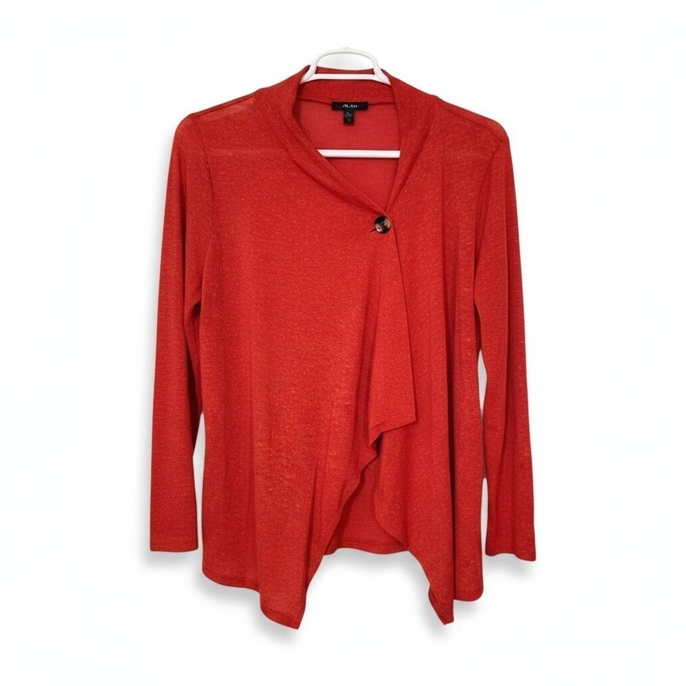AGB Women's XL Rust Single Button Asymmetrical Flax Blend Cross Over Cardigan